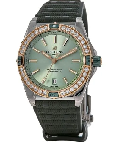 Breitling Super Chronomat Automatic 38 Green Dial 18K Rose Gold Diamond Bezel Rubber Strap Women's Watch U17356531L1S1