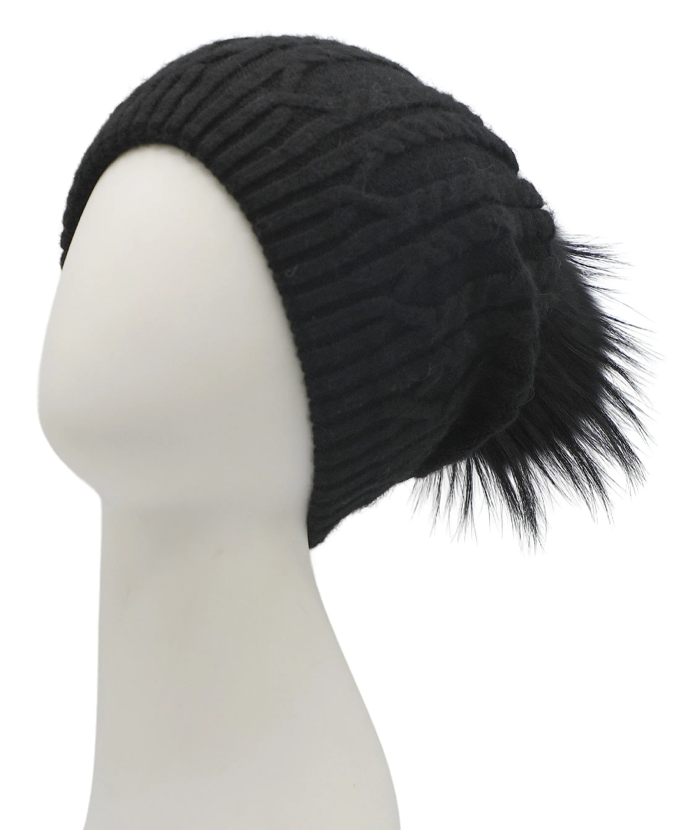 Cable Knit Slouch Hat w/ Fur Pom
