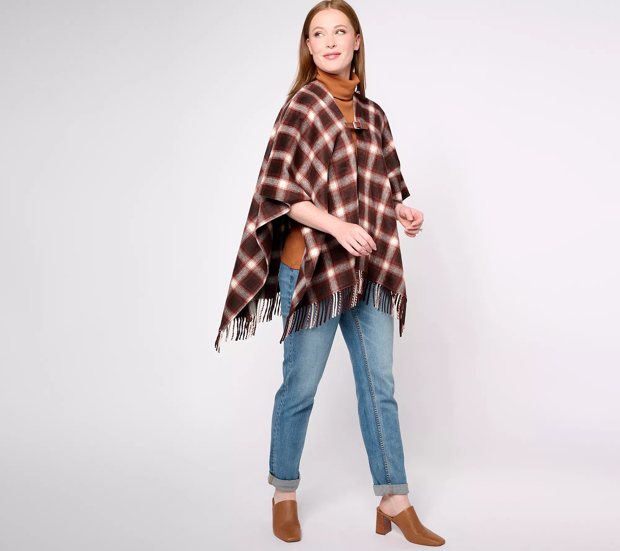 Denim & Co. Heritage Plaid Topper with Fringe Hem