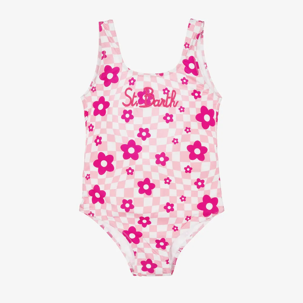 Girls Pink Daisy Check Logo Swimsuit