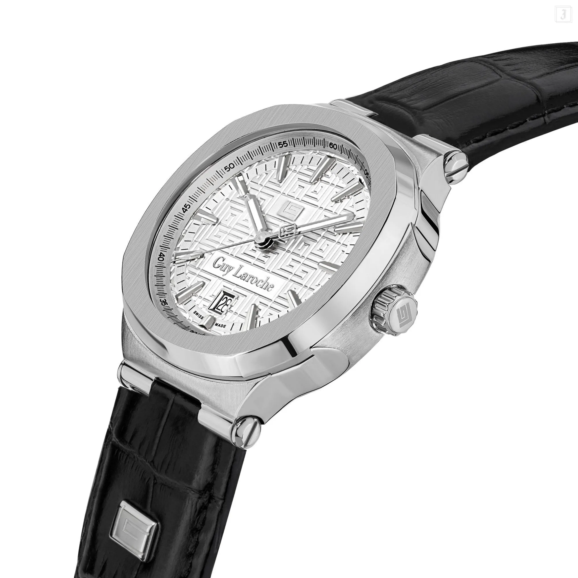 Guy Laroche Charlie Gents White Dial Stainless Steel Case Black Leather Strap Watch