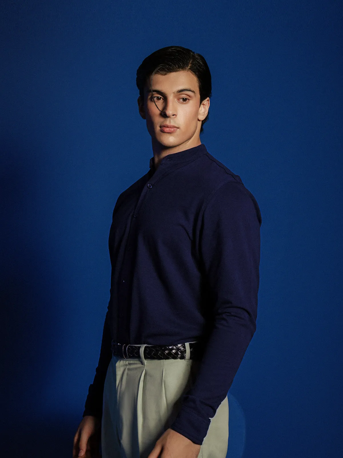 Knitted Band Collar Shirt - FMTS24-32154