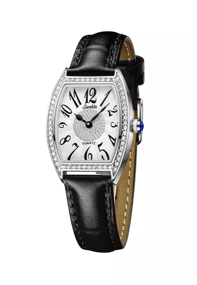 LIGE SUNKTA Ladies Quartz Watch, 34x25mm, Stainless Steel, Paved with Crystals, White Dial on Leather Strap