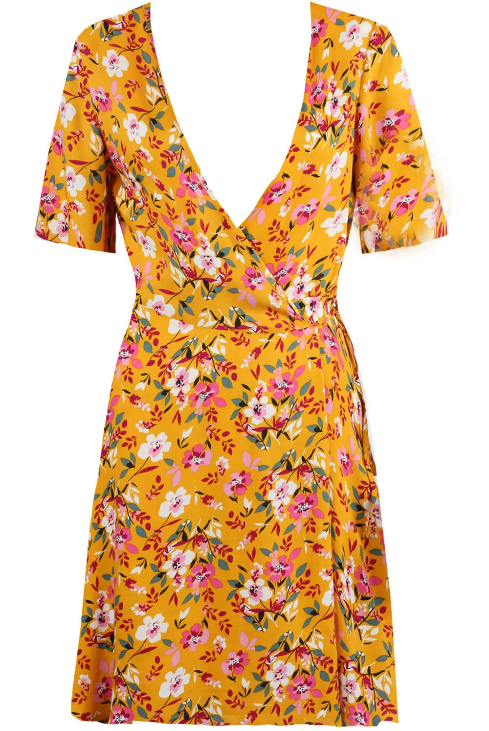 Mustard Floral Plunge Neck Wrap Dress