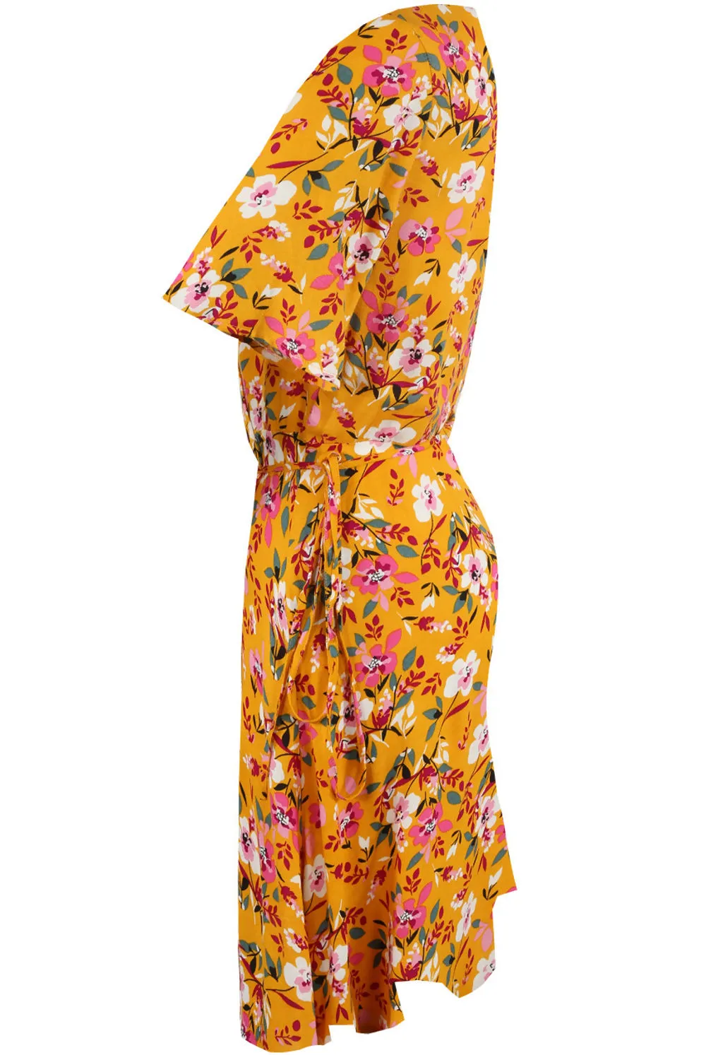 Mustard Floral Plunge Neck Wrap Dress
