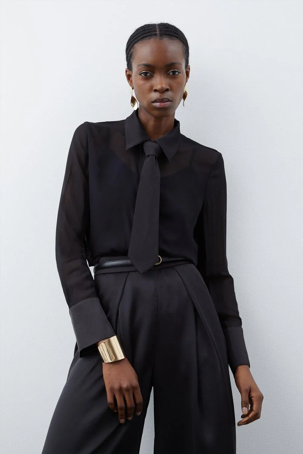 Viscose Georgette Sheer Woven Tie Detail Shirt | Karen Millen