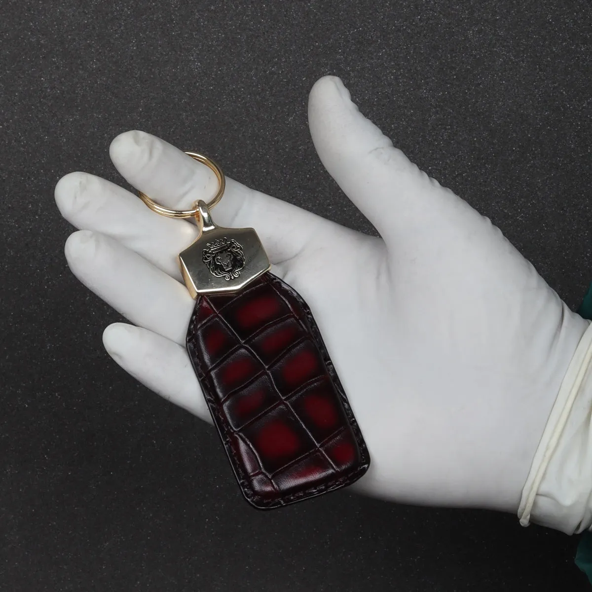 Wine Deep Cut Croco Print Leather Large Scales Keychain By Brune & Bareskin