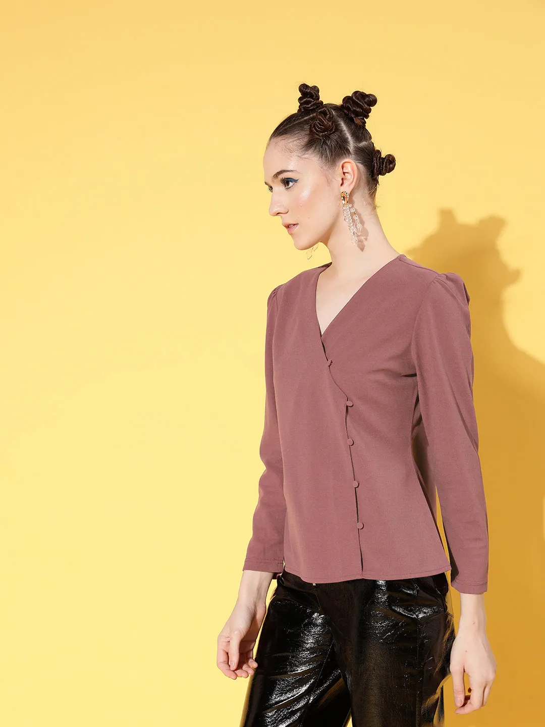 Women Dull Pink Canton Front Open Wrap Top
